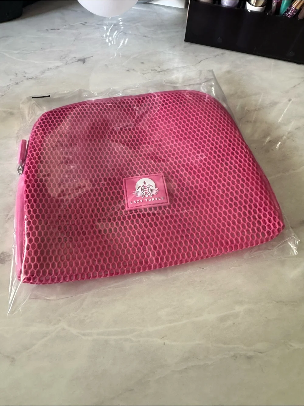 Lazy Turtle Pink Mesh Cosmetic Makeup Travel Organizer Bag Zip Pouch